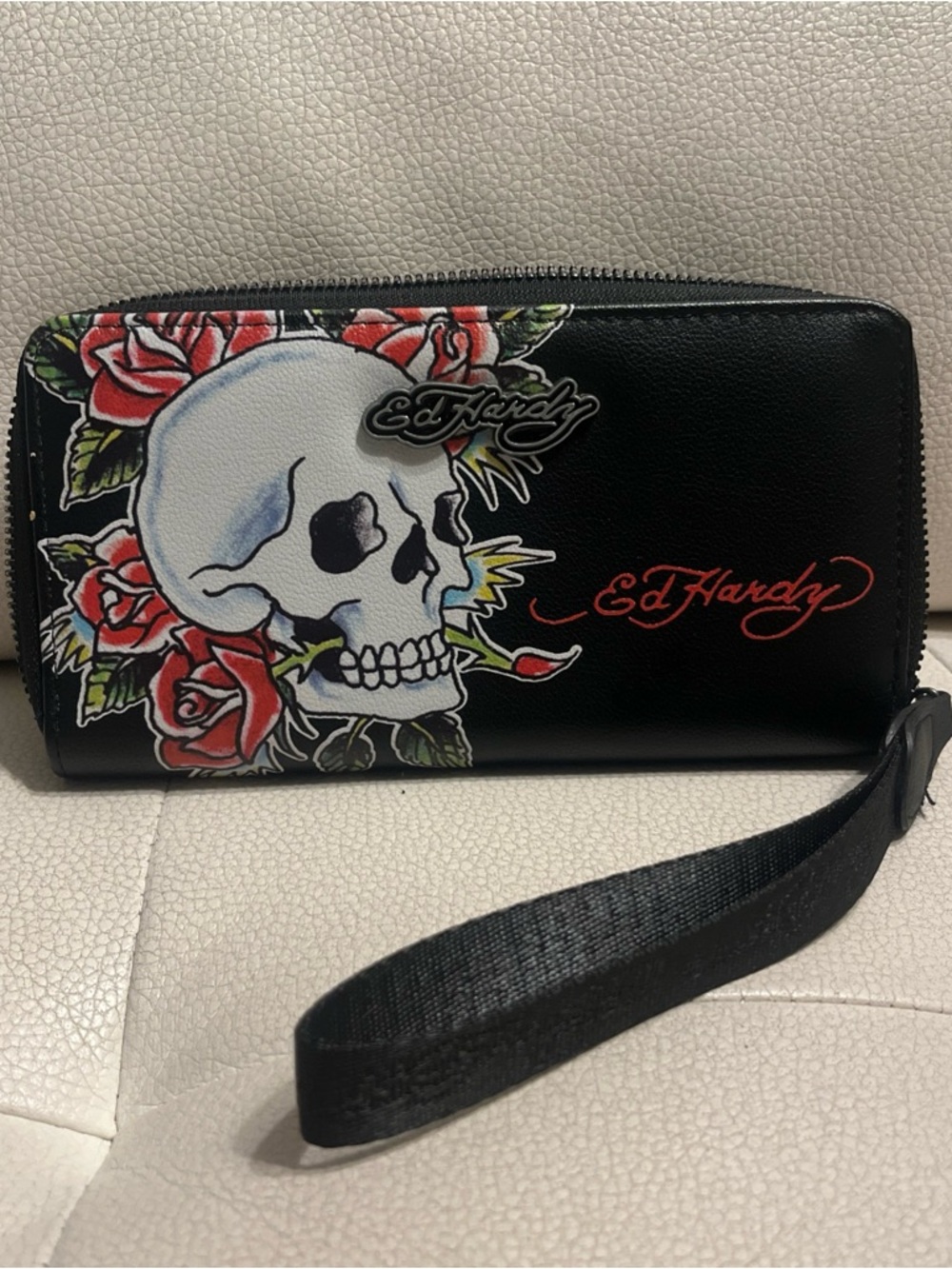 Ed Hardy Black Wristlet Wallet with White Skull & Red Roses